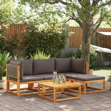 vidaXL 5-delige tuinbankset met kussens acaciahout & rotan, Tuin en Terras, Verzenden, Nieuw