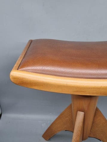 Kruk - Hout, Leder - Mid-Century gestoffeerde poef