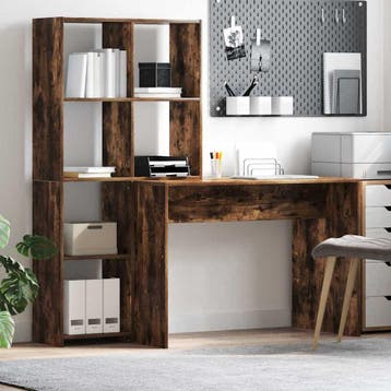 vidaXL Bureau met plank Rook Eiken 138,5 x 55 x 143 cm, Huis en Inrichting, Bureaus, Verzenden, Nieuw