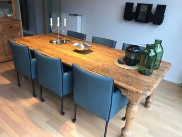 Set van 6 blauwe leren kuip eetkamerstoelen - met wieltjes, Ophalen of Verzenden, Nieuw, Eén