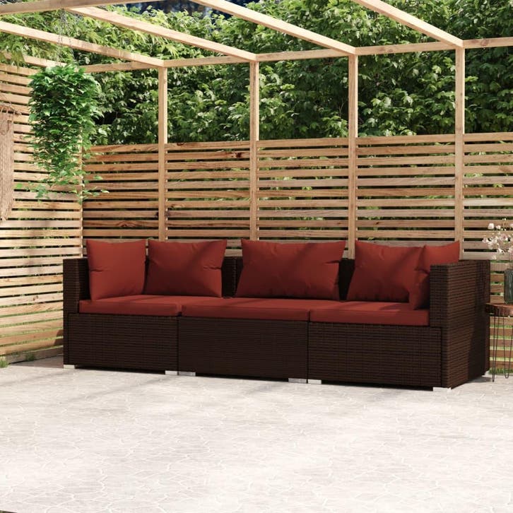 vidaXL Bank 3-zits met kussens poly rattan bruin, Tuin en Terras, Tuinsets en Loungesets, Nieuw, Verzenden
