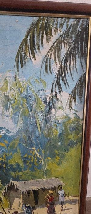 DOM - Scène de vie villageoise africaine – Huile sur toile