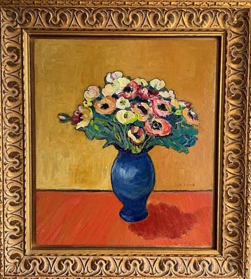 Ina van der Wateren (1946) - Anemonen en ranonkels in blauwe