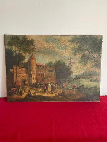 Scuola fiamminga (XIX) - Paesaggio con castello e figure