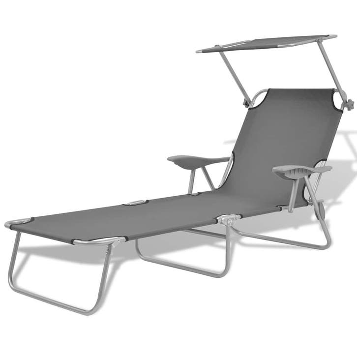 vidaXL Ligbed met luifel staal grijs, Tuin en Terras, Ligbedden, Nieuw, Verzenden