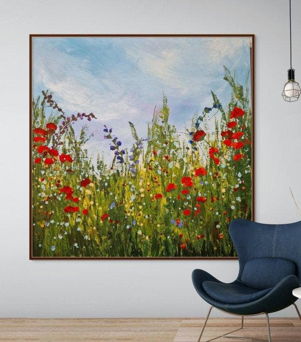 Irina Morisch - Poppies field Nr.17 -XXL square abstract, Antiek en Kunst, Kunst | Schilderijen | Modern
