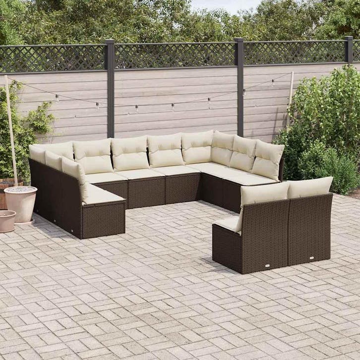 vidaXL 11-delige Loungeset met kussens poly rattan bruin, Jardin & Terrasse, Ensembles de jardin, Envoi