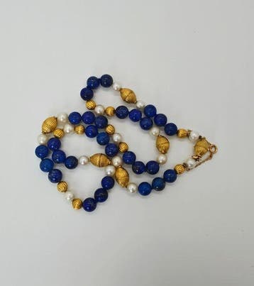 Collier - 19,2 carats Or jaune Lapis-lazuli - Perle Akoya
