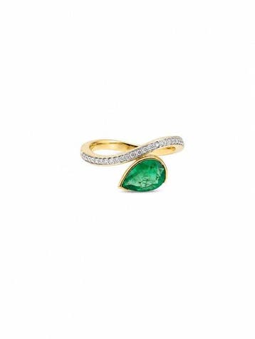 Ring - 14 karaat Geel goud - 1.32ct. tw. Smaragd - Diamant