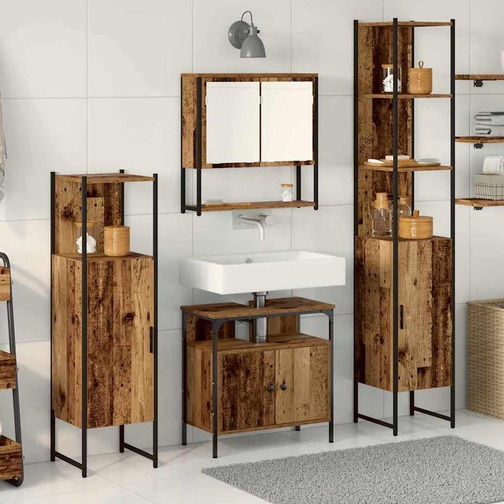 vidaXL Badkamermeubel Set met plank 4 pcs Oud hout Bewerkt, Maison & Meubles, Salle de bain | Meubles de Salle de bain, Envoi