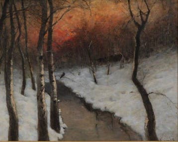 Béla Spányi (1852–1914) - Winter Sunset over a Woodland, Antiek en Kunst