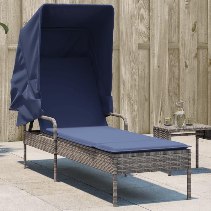 vidaXL Ligstoel met Luifel grijs poly rattan, Tuin en Terras, Ligbedden, Nieuw, Verzenden