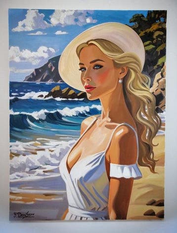 Yuri Denissov - Belle demoiselle regardant la mer, Antiquités & Art