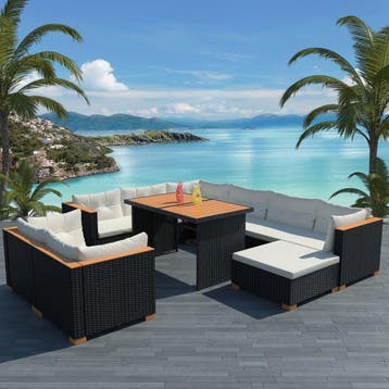 vidaXL 10-delige Loungeset met kussens poly rattan zwart, Verzenden, Nieuw, Loungeset