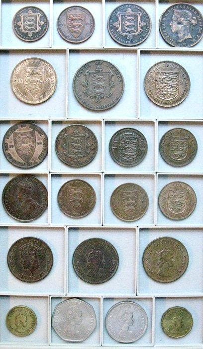 Jersey. 22 different coins 1844-1975 | 1/26 Shilling - 50, Timbres & Monnaies, Monnaies | Europe | Monnaies non-euro