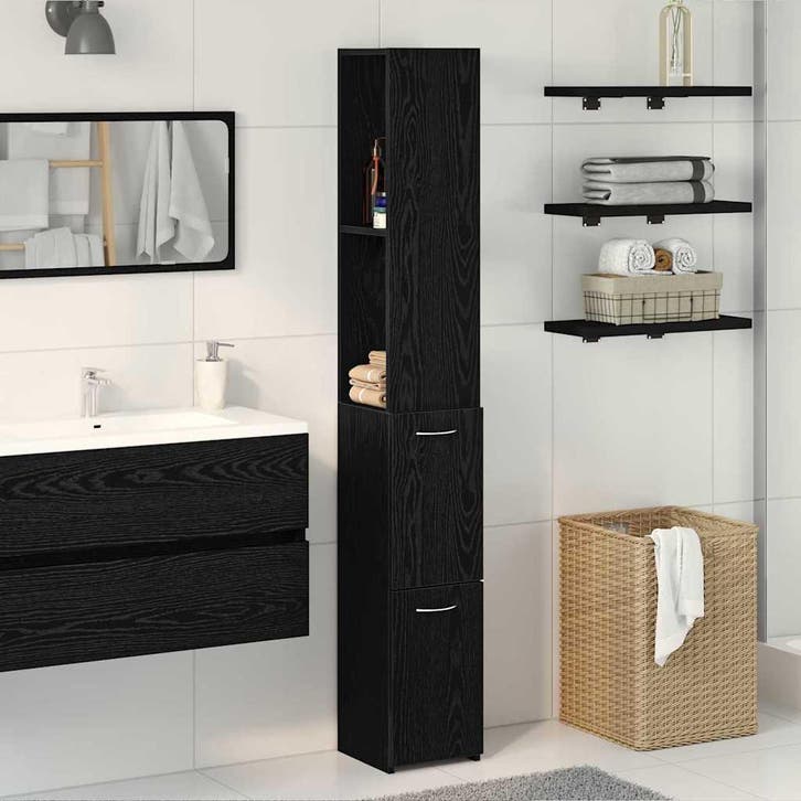 vidaXL Badkamerkast met lade Zwart Eiken 25 x 25 x 170 cm, Huis en Inrichting, Tafels | Kaptafels, Nieuw, Verzenden