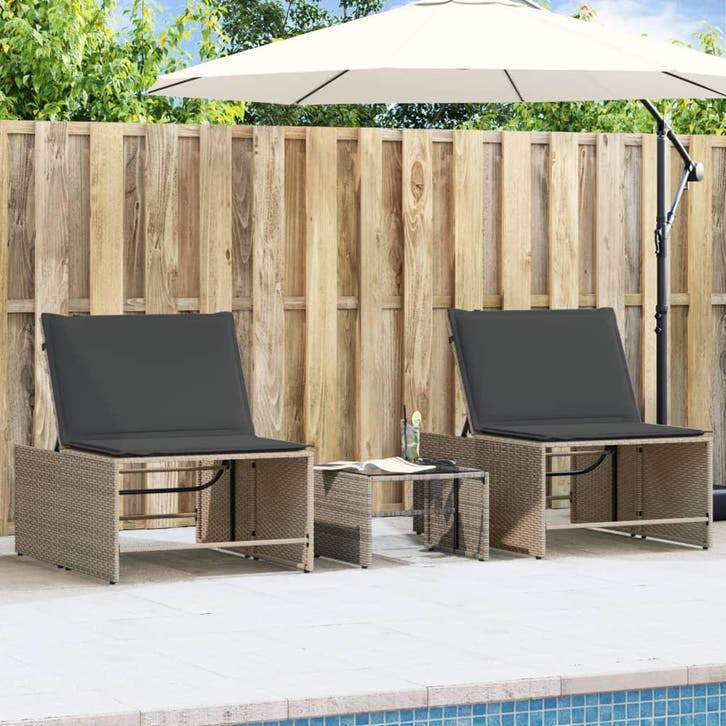 vidaXL Ligstoelen 2 st met tafel grijs poly rattan, Tuin en Terras, Ligbedden, Nieuw, Verzenden