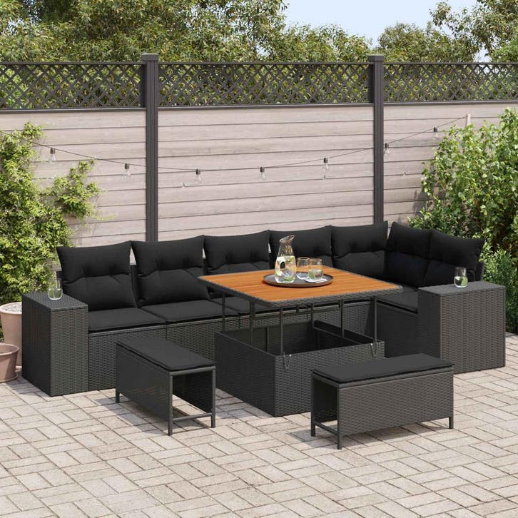 vidaXL Tuinbank Set met kussen 9 pcs Zwart poly rattan, Tuin en Terras, Tuinsets en Loungesets, Nieuw, Verzenden