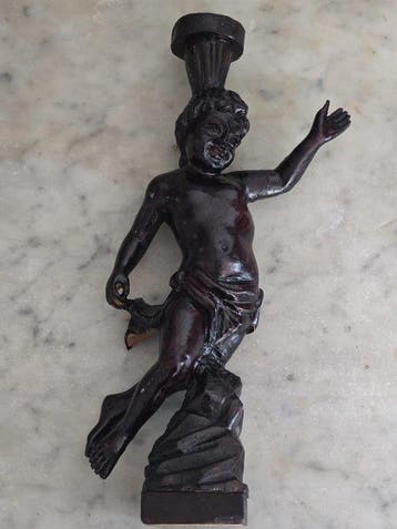 Kaarsenhouder - Hout - Ingebeiteld Antiek Putto