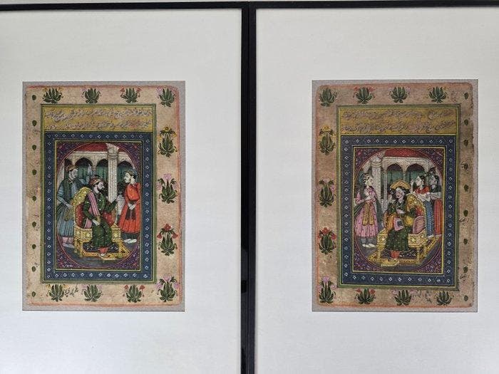 Miniatuurschilderingen Shah Jahan en Mumtaz Mahal - India -, Antiek en Kunst, Kunst | Niet-Westerse kunst