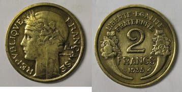 France Frankreich Km 886 2 Francs 1935 Typ Morlon, Verzenden, België