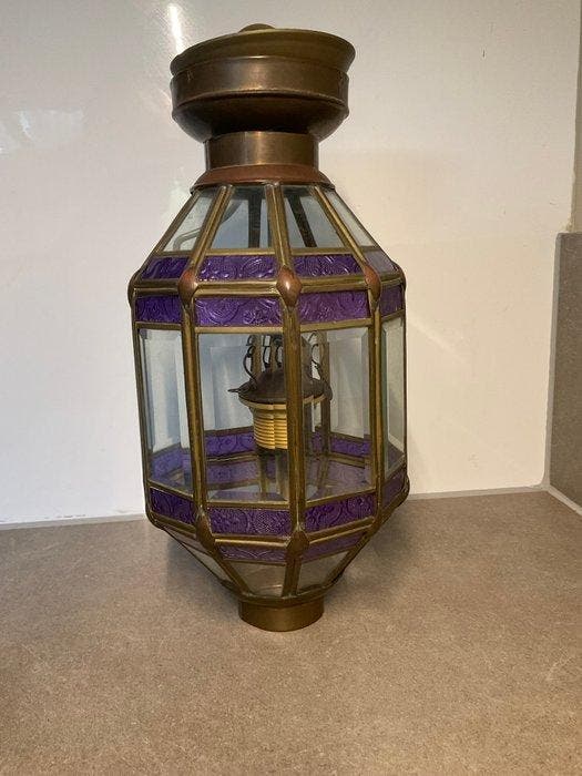 Lantaarn plafondlamp - lantaarn - Glas, Messing, Koper -, Antiek en Kunst, Curiosa en Brocante