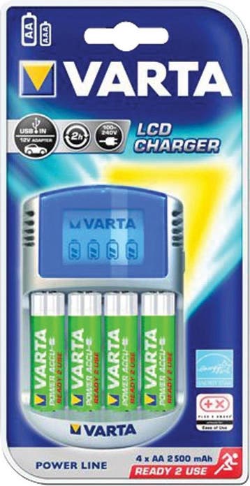 Varta LCD Charger + 4 x 2600 mAh NiMH batterijen, Verzenden