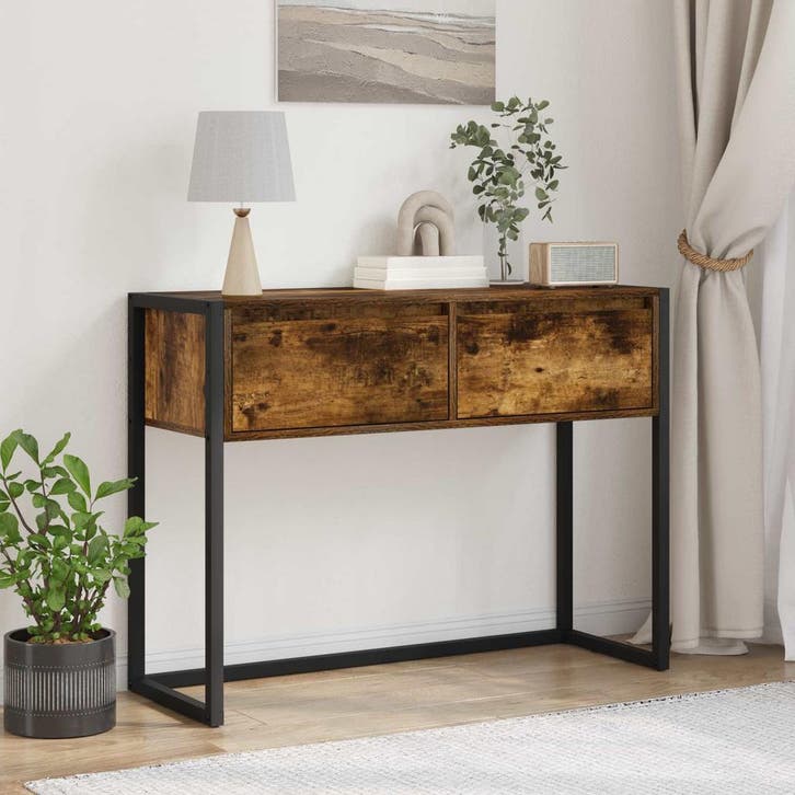 vidaXL Bijzettafel met lade Rook Eik 100 x 36 x 75 cm, Huis en Inrichting, Tafels | Bijzettafels, Nieuw, Verzenden
