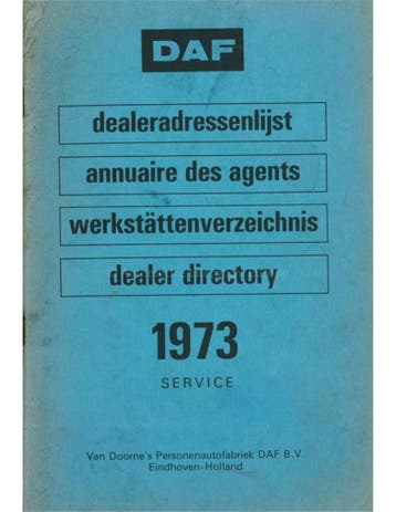 1973 DAF SERVICE DEALERADRESSENLIJST, Ophalen of Verzenden