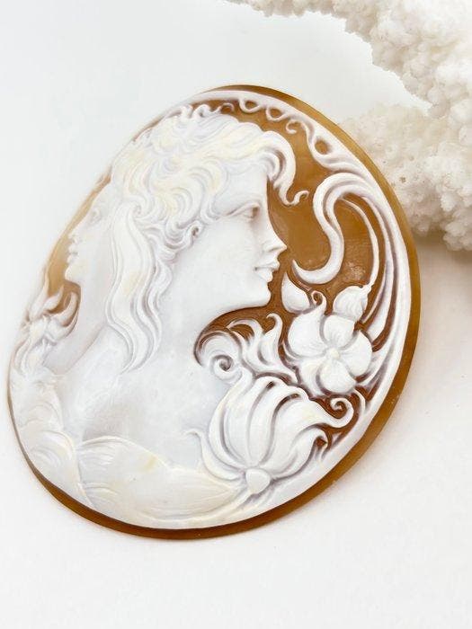 CASSIS MADAGASCARIENSIS - Cameo - Handgesneden camee, Antiquités & Art, Curiosités & Brocante
