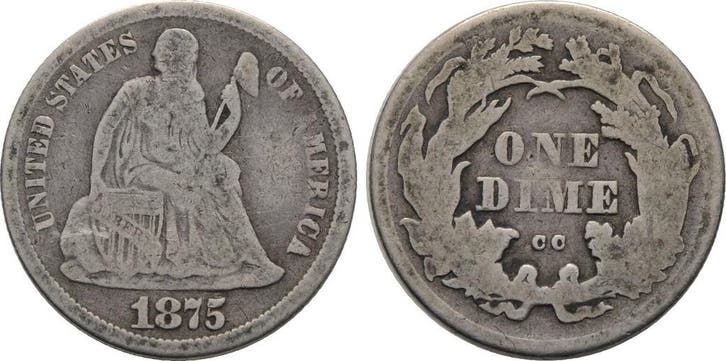 Dime 1875 Cc Vereinigte Staaten von Amerika Seated Liberty, Postzegels en Munten, Munten | Amerika, Verzenden