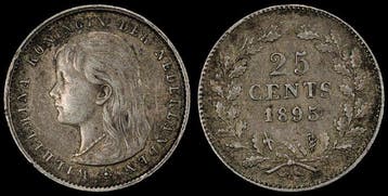 Nederland. Wilhelmina. 25 Cent 1895 schuin mmt ZELDZAAM in