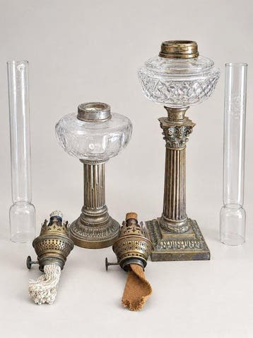 Petroleumlamp (2) - Messing, Kristal, Metaal, Glas -
