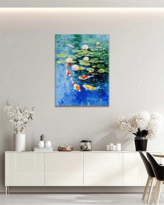 Stefano - Koi Among Water Lilies, Antiek en Kunst, Kunst | Schilderijen | Modern