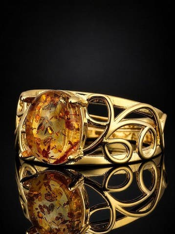Bague Ambre Miel - Argent sterling 925 - Plaqué or design