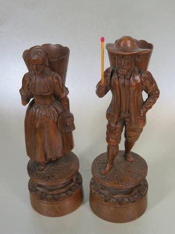 2 antieke luciferhouder figuren Zwarte Woud houtsnijkunst -, Nieuw