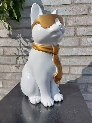 Beeld, white cat with tie and sunglasses - 29 cm - polyresin
