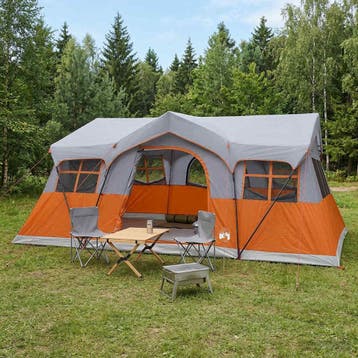 vidaXL Familietent met dak Grijs en Oranje 487 x 340 x 216, Caravans en Kamperen, Tenten, Verzenden, Nieuw