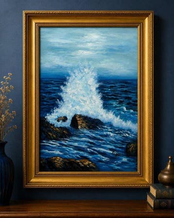 École européenne (XX) - Dramatic Seascape with Crashing, Antiek en Kunst