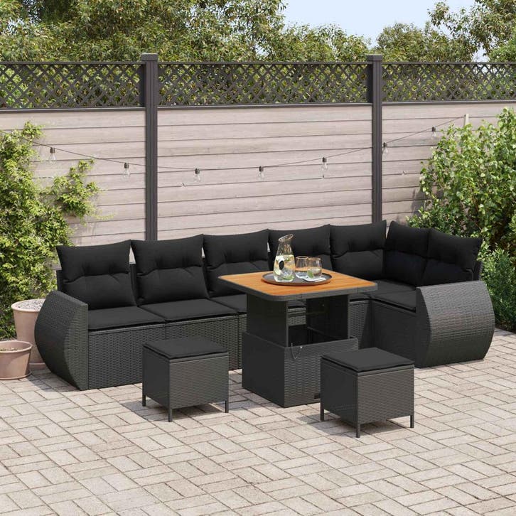 vidaXL Tuinbank Set met kussen met opslag 9 pcs Zwart Poly, Tuin en Terras, Tuinsets en Loungesets, Nieuw, Verzenden