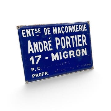 Emaille bord André Portier, metselaarsbedrijf, Migron,, Antiek en Kunst