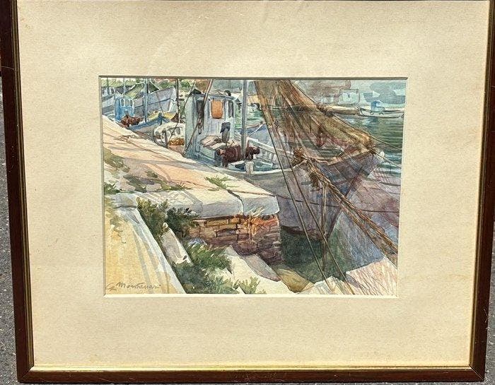 Giuseppe Montanari (1889-1976) - Barche al molo, Antiquités & Art, Art | Peinture | Classique
