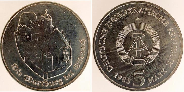 Duitsland 5 Mark Wartburg Eisenach 1983 A stgl, Postzegels en Munten, Munten | Europa | Niet-Euromunten, België, Verzenden