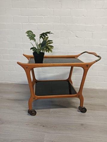 Chariot de service - Bois, Verre, Laiton, Métal, Caoutchouc