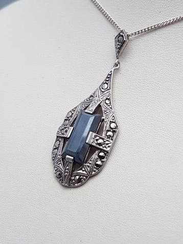 Zilver, Art Deco, Hematiet - Ketting met hanger - +
