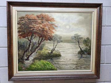 Joh Verbeek (XX) - Landschap met water en bomen, Antiek en Kunst
