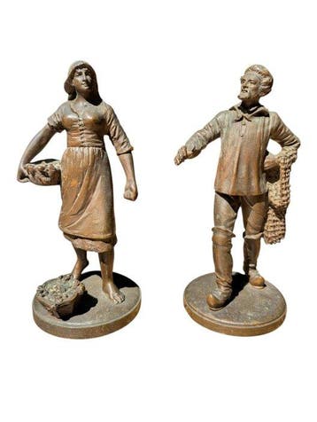 Statue, Antique Bronze Pair Of Fishers - 17 cm - Bronze