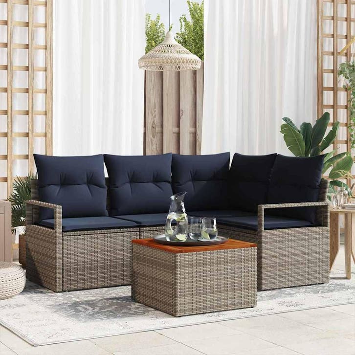 vidaXL Tuinbank Set met kussen 5 pcs Grijs poly rattan, Tuin en Terras, Tuinsets en Loungesets, Nieuw, Verzenden