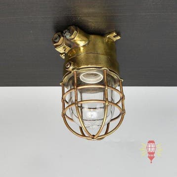 Wandlamp - Messing, Koper, Glas - Industrieel kooi-lamp, Antiek en Kunst