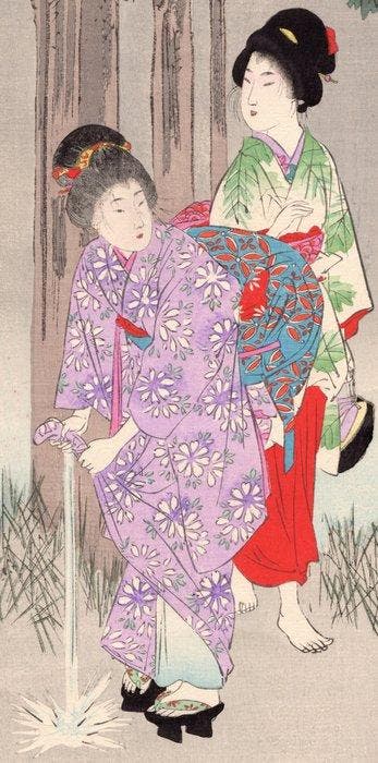 Ukiyo no hana: Amayadori (Taking shelter from the rain / a